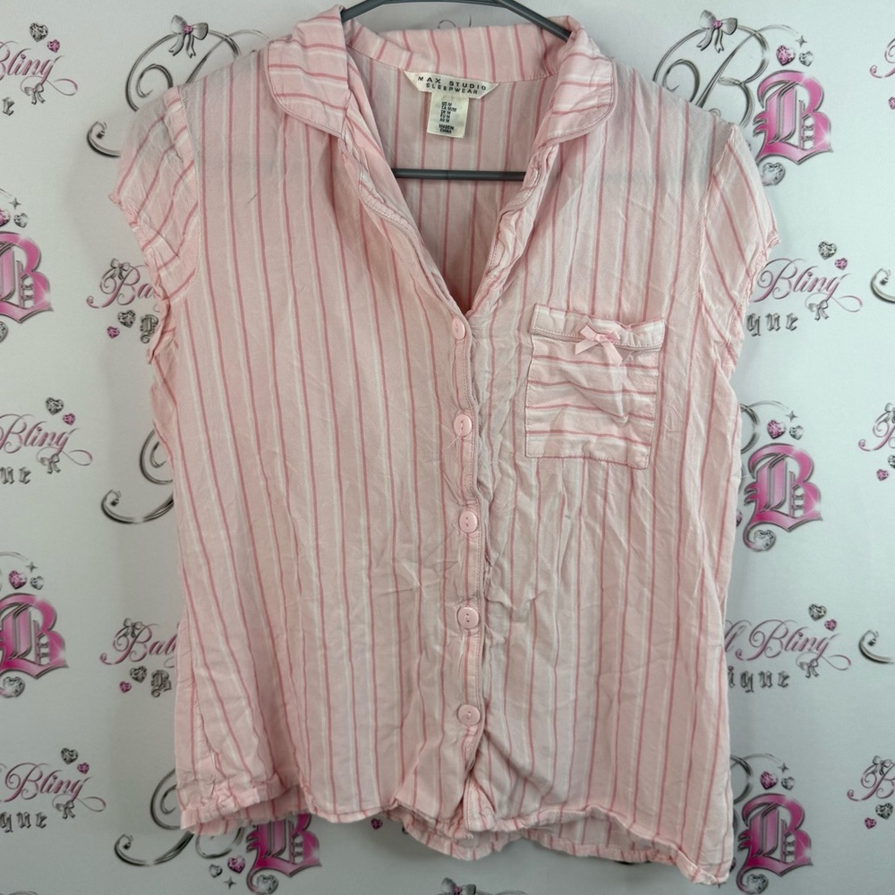 Max Studio T-shirt button up bow ribbon Light Pink Striped Button Down Shirt